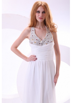 Halter V-neck Full-length Chiffon Beaded White Formal Prom Gown