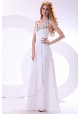 Halter V-neck Full-length Chiffon Beaded White Formal Prom Gown