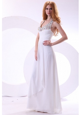 Halter V-neck Full-length Chiffon Beaded White Formal Prom Gown