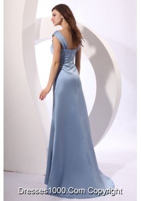 Light Blue Ruched Cap Sleeveless Prom Gown with Brush Train