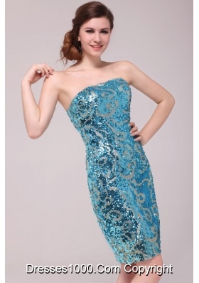 2014 Summer Sexy Mini-length Sequins Strapless Blue Prom Dress