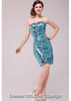2014 Summer Sexy Mini-length Sequins Strapless Blue Prom Dress