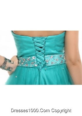 Elegant Aqua Blue Beading A-line Halter Tulle Prom Dress