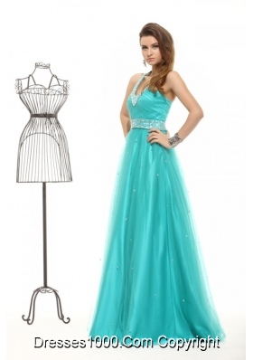 Elegant Aqua Blue Beading A-line Halter Tulle Prom Dress