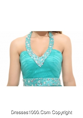 Elegant Aqua Blue Beading A-line Halter Tulle Prom Dress