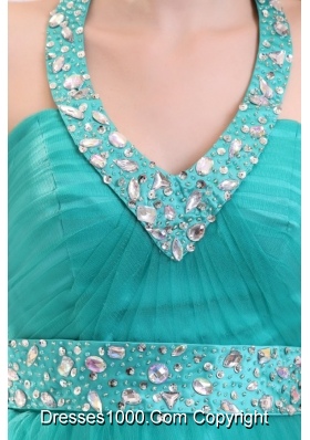 Elegant Aqua Blue Beading A-line Halter Tulle Prom Dress