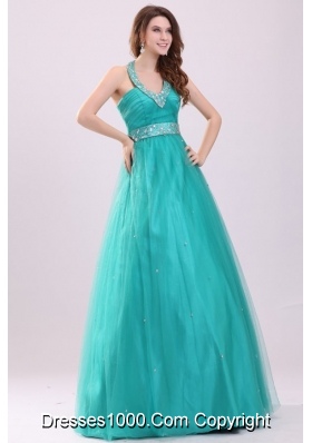 Elegant Aqua Blue Beading A-line Halter Tulle Prom Dress