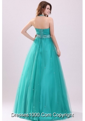 Elegant Aqua Blue Beading A-line Halter Tulle Prom Dress