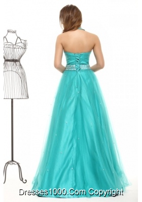 Elegant Aqua Blue Beading A-line Halter Tulle Prom Dress