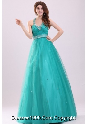 Elegant Aqua Blue Beading A-line Halter Tulle Prom Dress