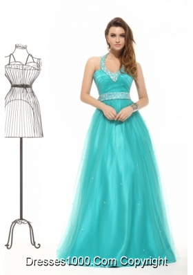 Elegant Aqua Blue Beading A-line Halter Tulle Prom Dress