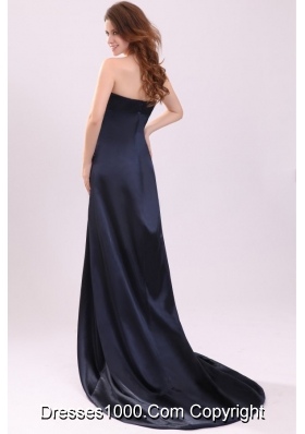 Brush Train Strapless Beading Navy Blue Dress for Prom Night