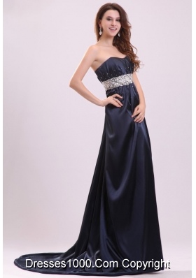 Brush Train Strapless Beading Navy Blue Dress for Prom Night