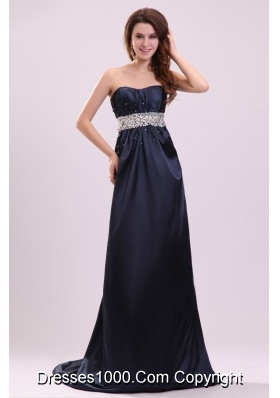 Brush Train Strapless Beading Navy Blue Dress for Prom Night