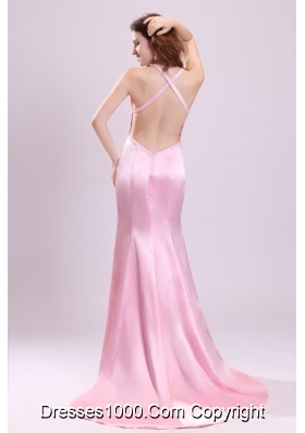 Stylish Pink Halter Criss Cross Back Informal Prom Evening Dress