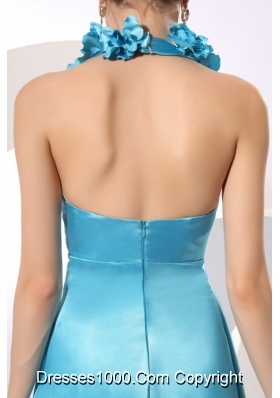 Popular Halter Baby Blue Taffeta Prom Dress with Hand Made Flowers