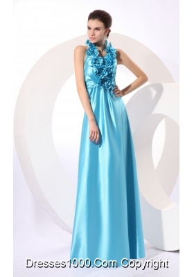 Popular Halter Baby Blue Taffeta Prom Dress with Hand Made Flowers