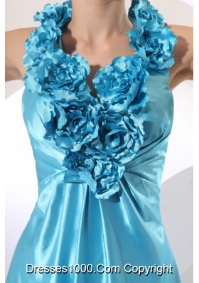 Popular Halter Baby Blue Taffeta Prom Dress with Hand Made Flowers