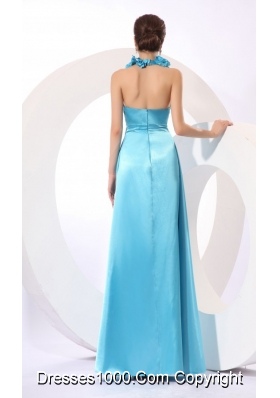 Popular Halter Baby Blue Taffeta Prom Dress with Hand Made Flowers