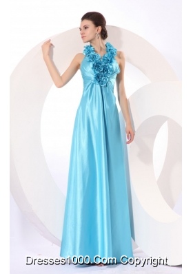 Popular Halter Baby Blue Taffeta Prom Dress with Hand Made Flowers