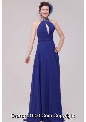 Magnificent Beaded Halter Top Neck Brush Train Blue Prom Dress