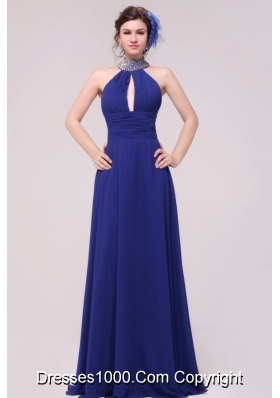 Magnificent Beaded Halter Top Neck Brush Train Blue Prom Dress