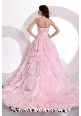 Exquisite Pink A-line Sweetheart Multi-layers Ruching Prom Gown Dress