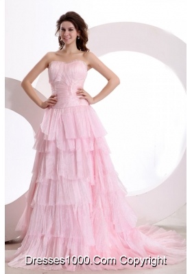 Exquisite Pink A-line Sweetheart Multi-layers Ruching Prom Gown Dress