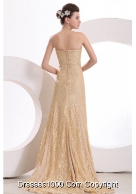 Champagne Color Trumpet Strapless Lace Prom Evening Dress