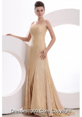 Champagne Color Trumpet Strapless Lace Prom Evening Dress