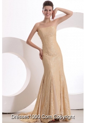 Champagne Color Trumpet Strapless Lace Prom Evening Dress
