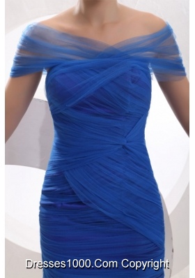 Off Shoulder Ruching Royal Blue Organza Short Prom Dresses