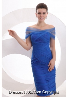 Off Shoulder Ruching Royal Blue Organza Short Prom Dresses