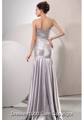 Attractive One Shoulder Silver Prom Dress with Beading and Ruching