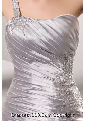 Attractive One Shoulder Silver Prom Dress with Beading and Ruching