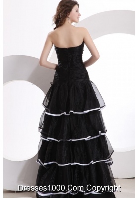 Black Layers Strapless Long Prom Party Dress with White Hem