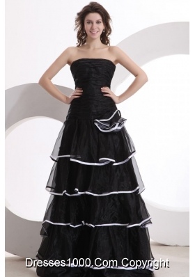 Black Layers Strapless Long Prom Party Dress with White Hem