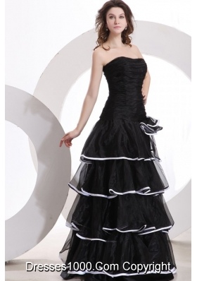 Black Layers Strapless Long Prom Party Dress with White Hem