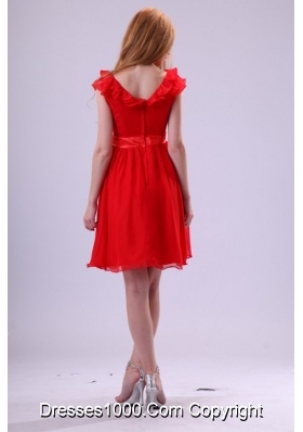 Short Sleeves V-neck A-line Mini-length Red Chiffon Prom Dress