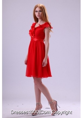 Short Sleeves V-neck A-line Mini-length Red Chiffon Prom Dress