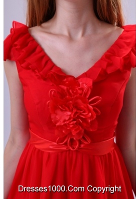 Short Sleeves V-neck A-line Mini-length Red Chiffon Prom Dress