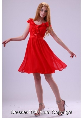 Short Sleeves V-neck A-line Mini-length Red Chiffon Prom Dress