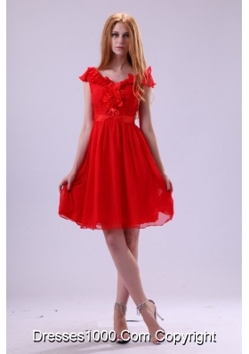 Short Sleeves V-neck A-line Mini-length Red Chiffon Prom Dress