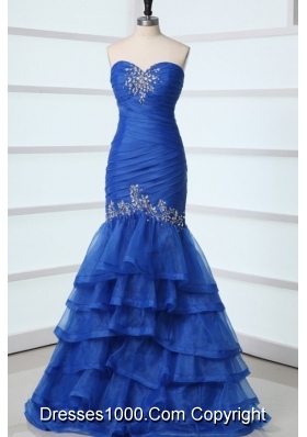 Royal Blue Layered Mermaid Sweetheart Ruched Prom Gown with Beading