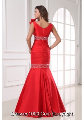 Sexy Red Mermaid One Shoulder Floor-length Beading Prom Dress