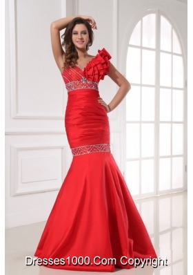 Sexy Red Mermaid One Shoulder Floor-length Beading Prom Dress