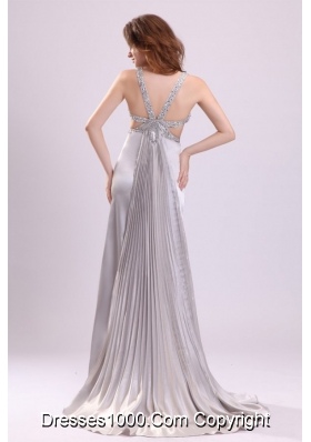 Silver V-neck Criss-cross Straps High Slit Cut-out Prom Dress