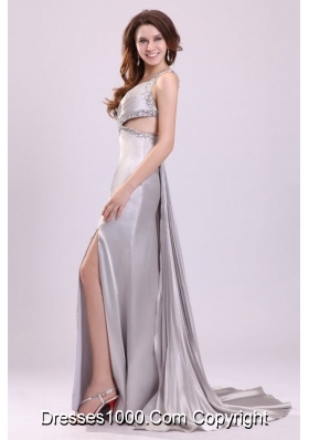 Silver V-neck Criss-cross Straps High Slit Cut-out Prom Dress