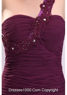 Applique One Shoulder Ruched Purple Short Prom Dama Dress