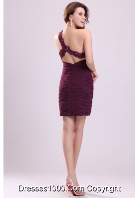 Applique One Shoulder Ruched Purple Short Prom Dama Dress